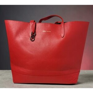 Cole Haan Womens Red Leather Tote Large Shoulder Bag Snap Closure Gold